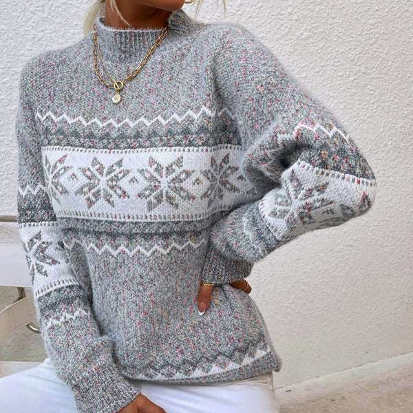 Nordic Fair Isle Mock Neck Chenille Marled Knit Snowflake Pullover ...