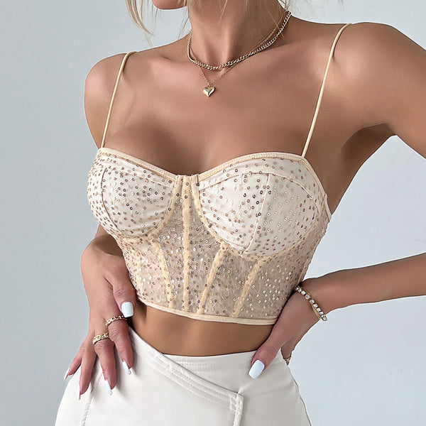 Shimmer Sweetheart Cami Sheer Sequin Lace Crop Corset Top - Apricot –  Trendy & Unique