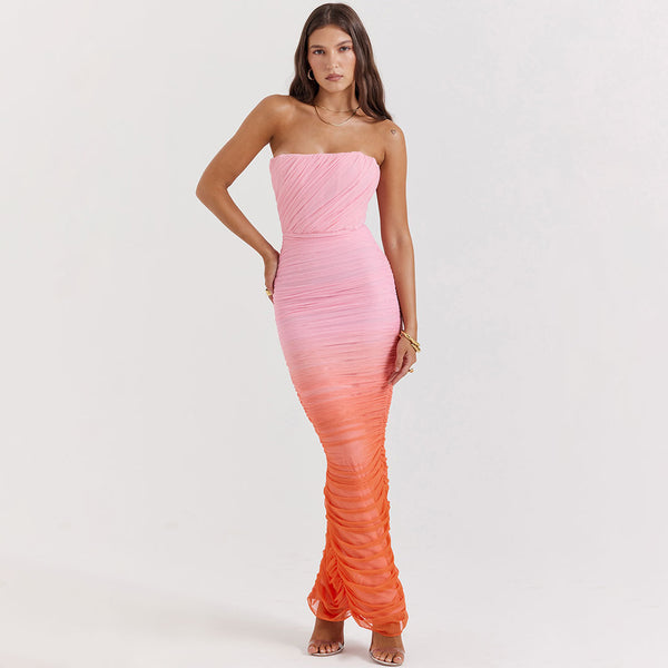 Youthful Gradient Ruched Mesh Bodycon Split Maxi Corset Tube