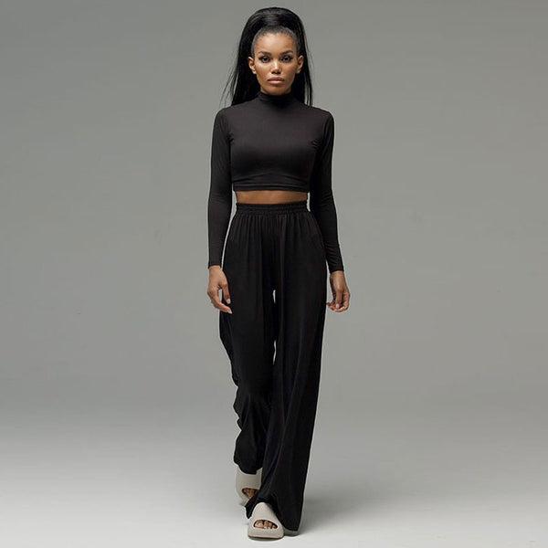 Two-piece long sleeve top and wide-leg pants set
