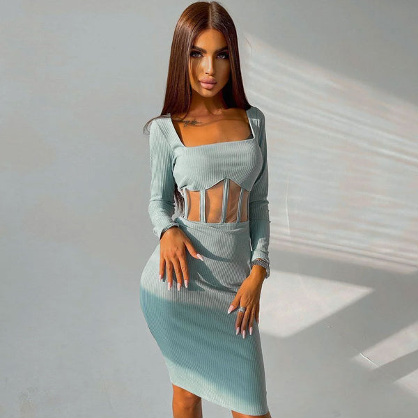 Chic Square Neck Long Sleeve Mesh Panel Rib Knit Midi Dress - Teal – Trendy  & Unique