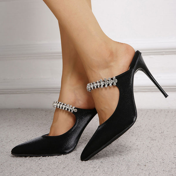 Crystal Detailed Satin Pointed-Toe Pumps