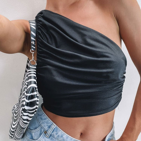 Black Satin One Shoulder Loose Tank Top - Blue Jeans and Bikinis