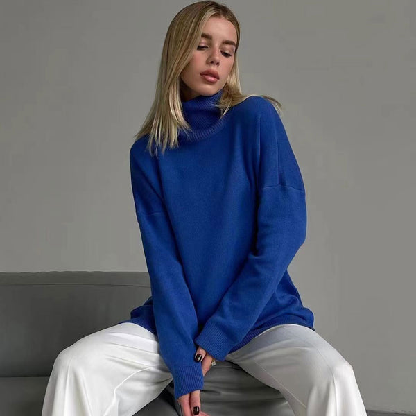 Oversized Turtleneck Long Sleeve Slit Trim Pullover Sweater