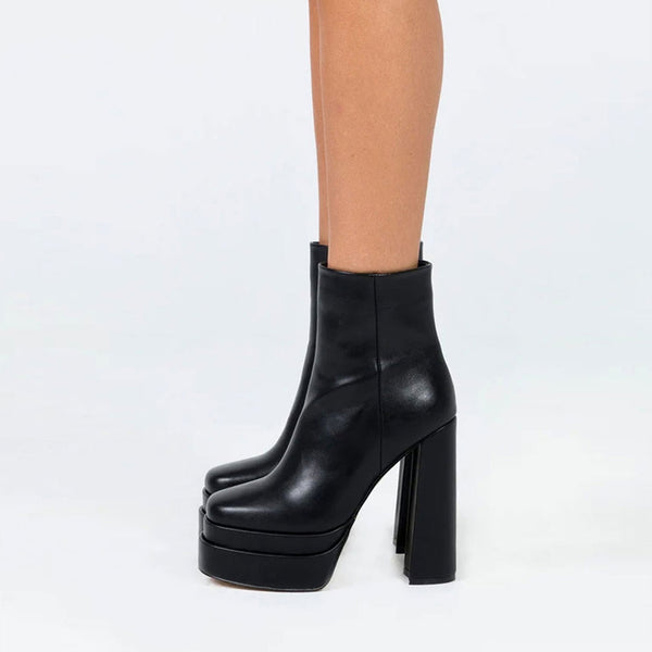 Stylish Square Toe Side Zip Platform Block Heel Mid Calf Boots 