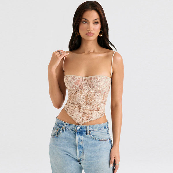 Vintage Lace Satin Spaghetti Strap Sweetheart Corset Cropped Top