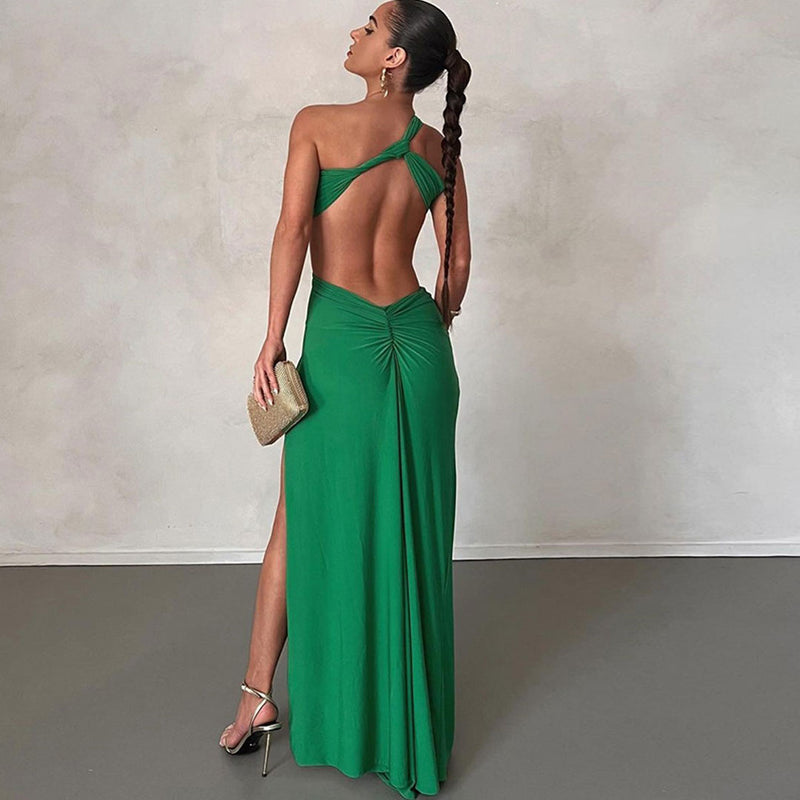 Asymmetrical One Shoulder Ruched Cutout High Split Evening Maxi Dress