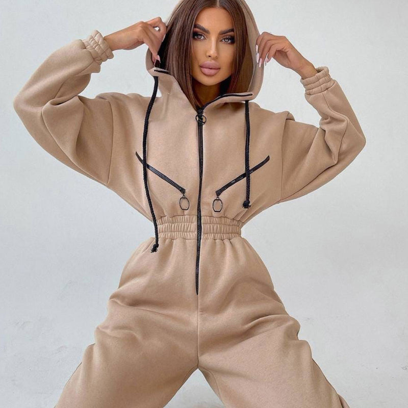 Athletic Contrast Zip Up Drop Shoulder Cinch Waist Hooded Jumpsuit