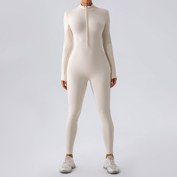 Athletic Mock Neck Zip Up Long Sleeve Skinny Yoga Jumpsuit -Beige