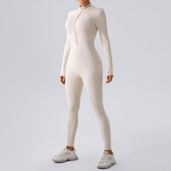 Athletic Mock Neck Zip Up Long Sleeve Skinny Yoga Jumpsuit -Beige