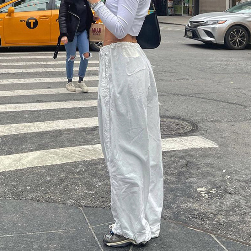 Casual Low Waist Drawstring Ruched Trim Baggy Cargo Pants - White – Trendy  & Unique