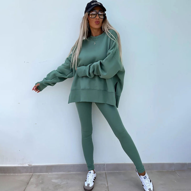 Casual Oversized Crew Neck Sweatshirt High Waist Sweatpants Matching Set