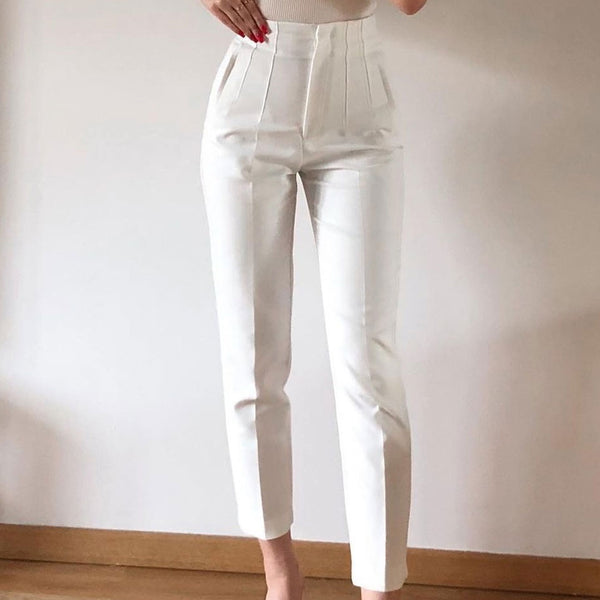 Classic Solid Color Pintuck High Waist Ankle Length Slim Leg Tapered Pants