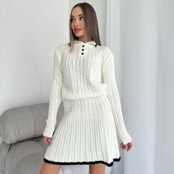 College Contrast Trim Cable Knit Collared Sweater Mini Skirt Matching Set