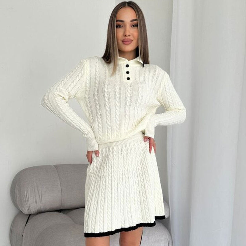 College Contrast Trim Cable Knit Collared Sweater Mini Skirt Matching Set