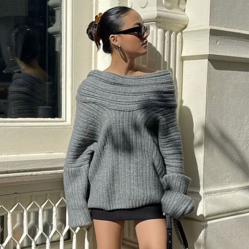 Cozy Funnel Neck Long Sleeve Ribbed Knit Oversized Pullover Sweater