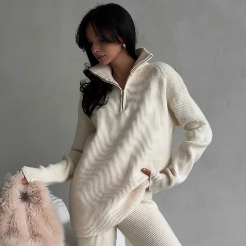 Cozy Ribbed Knit Half Zip Sweater High Waist Straight Leg Pant Matching Set