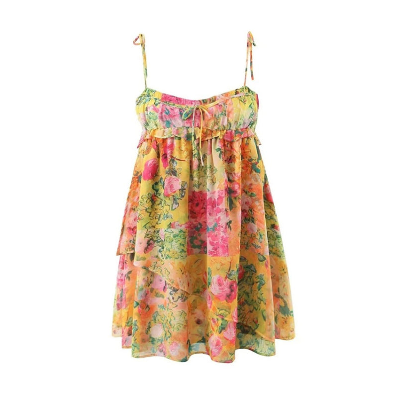 Cute Ruffled Sweetheart Tie Shoulder Floral Print Micro Mini Babydoll Dress