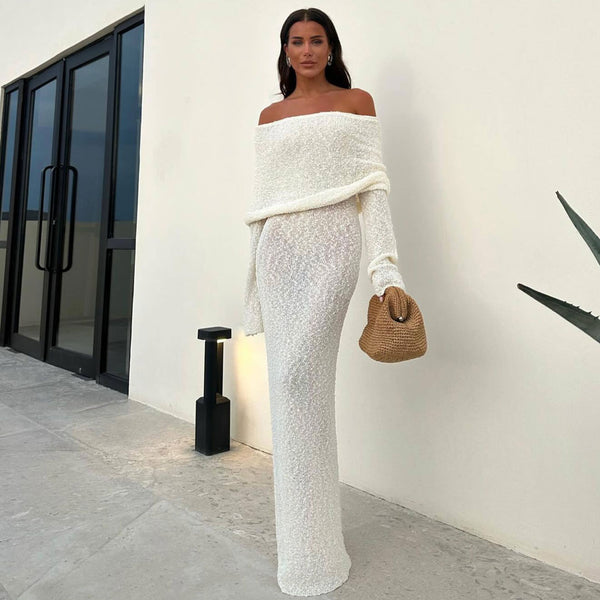 Elegant Foldover Off Shoulder Long Sleeve Popcorn Boucle Sheer Knit Maxi Dress