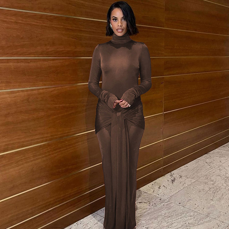 Elegant Turtleneck Long Sleeve Draped Twist Knot Fishtail Jersey Maxi Dress