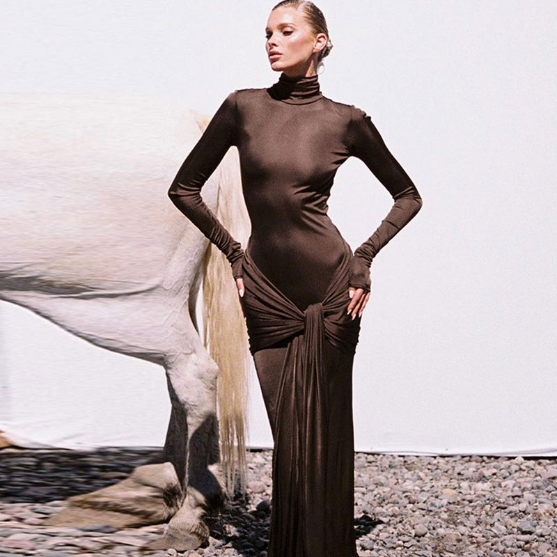 Elegant Turtleneck Long Sleeve Draped Twist Knot Fishtail Jersey Maxi Dress