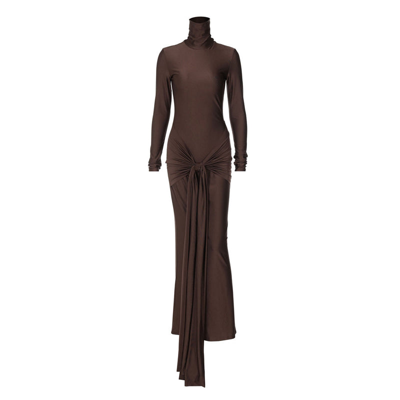 Elegant Turtleneck Long Sleeve Draped Twist Knot Fishtail Jersey Maxi Dress