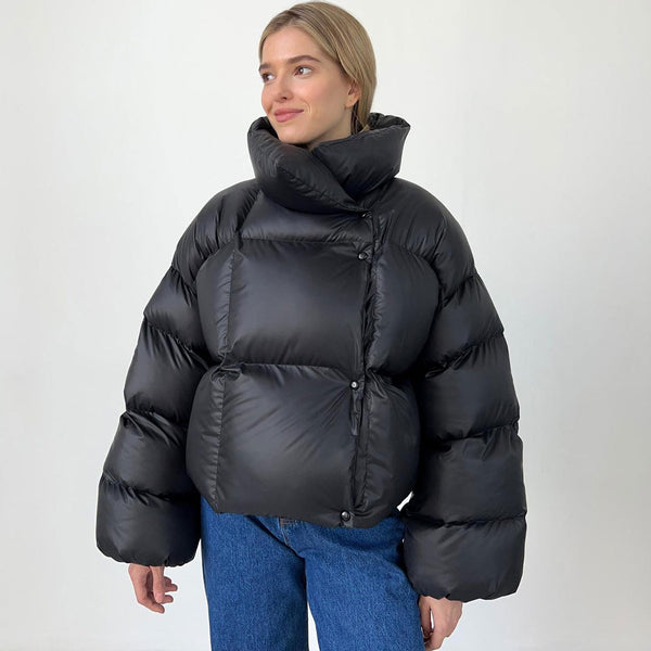 Futuristic Two Way Hooded High Neck Button Down Oversized Crop Puffer Coat