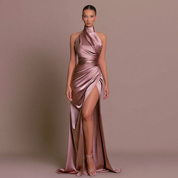 Luxurious High Neck Halter Ruched Side Split Satin Maxi Evening Dress