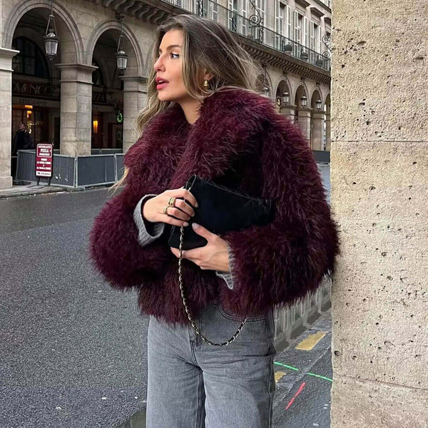 Luxury Lapel Collar Long Sleeve Oversized Cropped Plush Faux Fur Jacket