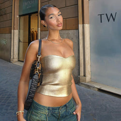 Luxury Metallic Foil Sweetheart Neck Summer Cropped Strapless Top