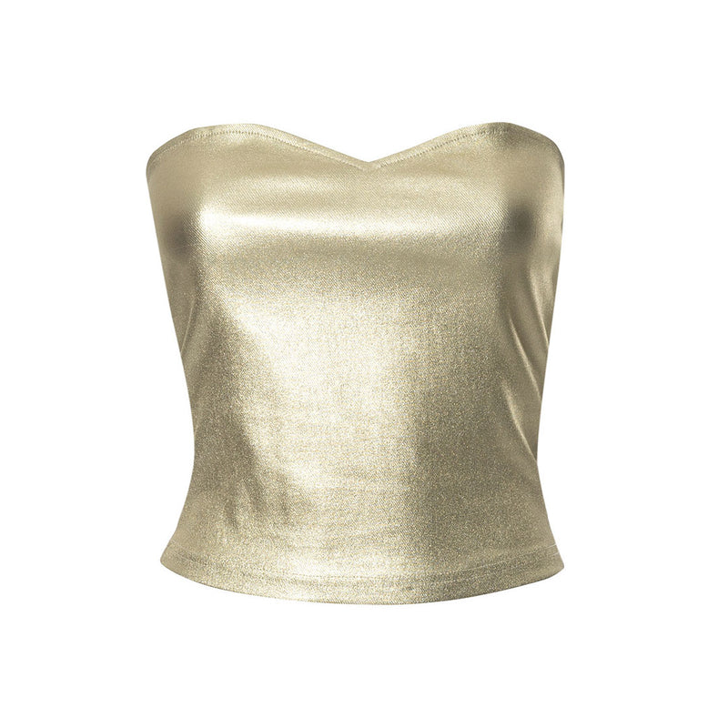 Luxury Metallic Foil Sweetheart Neck Summer Cropped Strapless Top