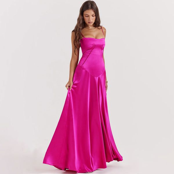 Luxury Scoop Neck Lace Up Back Drop Waist Satin Slip Maxi Formal Dress