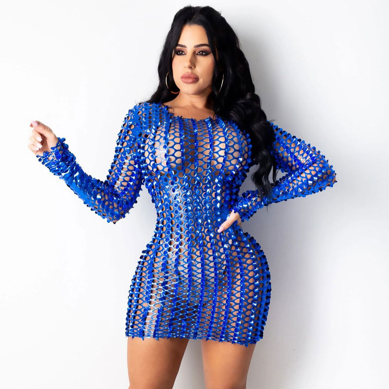 Metallic Effect Crew Neck Laser Cut Semi Sheer Bodycon Club Mini Dress