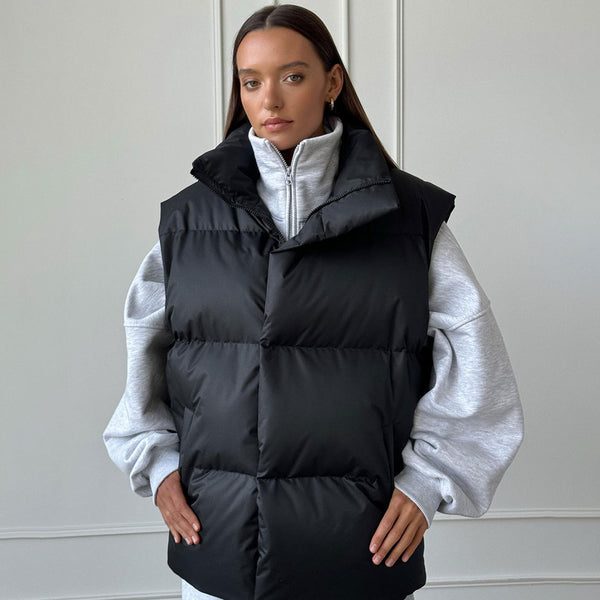 Metallic Monochrome High Neck Zip Up Winter Oversize Puffer Vest