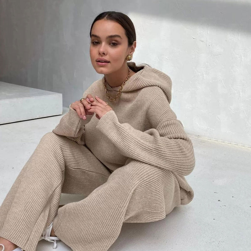 Oversized Kangaroo Ribbed Hoodie Wide Leg Sweatpants Matching Set