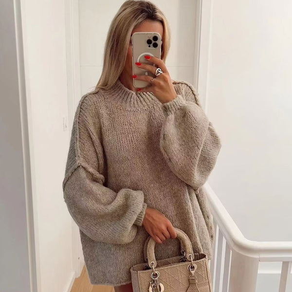 Oversized Solid Color Mock Neck Bishop Sleeve Inside Out Pullover Sweater