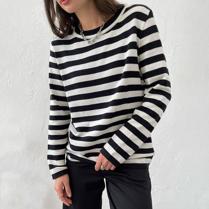 Preppy Contrast Striped Crew Neck Long Sleeve Oversized Pullover Sweater