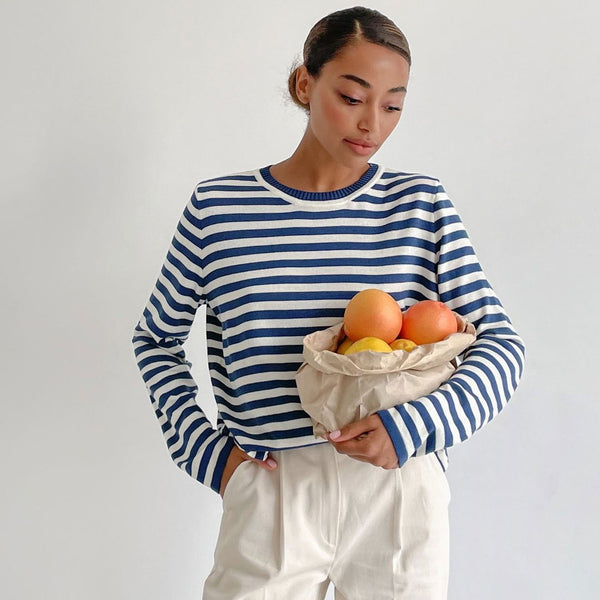 Preppy Contrast Striped Crew Neck Long Sleeve Oversized Pullover Sweater