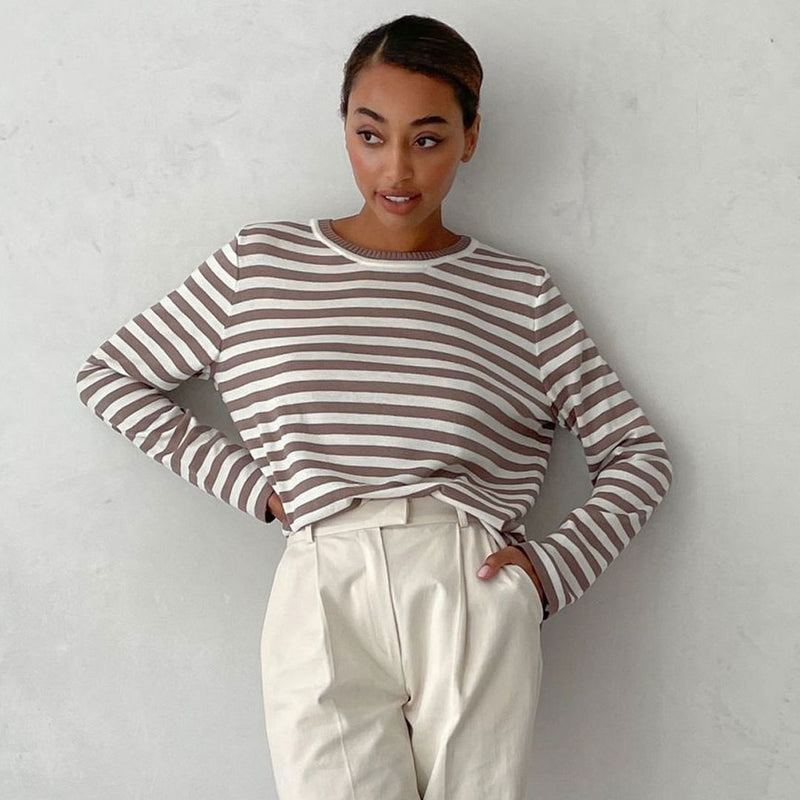 Preppy Contrast Striped Crew Neck Long Sleeve Oversized Pullover Sweater