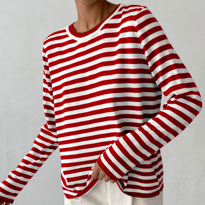 Preppy Contrast Striped Crew Neck Long Sleeve Oversized Pullover Sweater