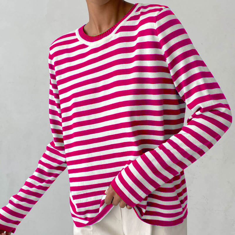 Preppy Contrast Striped Crew Neck Long Sleeve Oversized Pullover Sweater