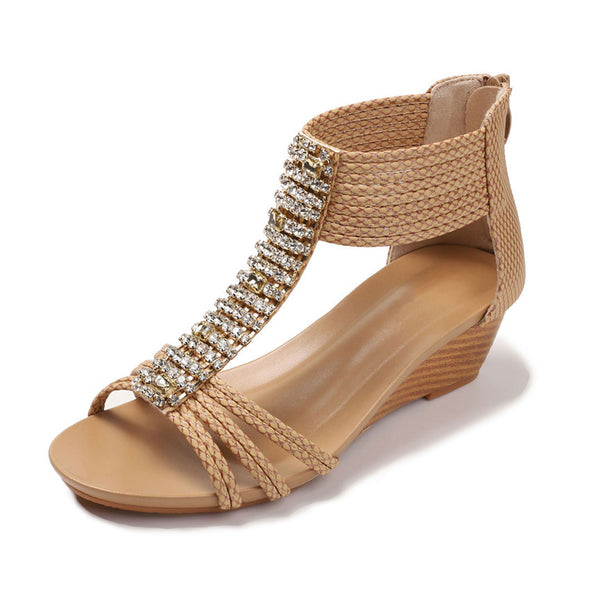 Radiant Rhinestone Snake Pattern Braided Strappy Wedge Sandals