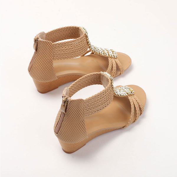 Radiant Rhinestone Snake Pattern Braided Strappy Wedge Sandals