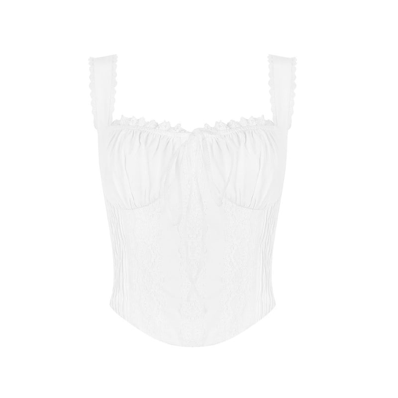 Romantic Lace Trim Ruched Bow Tie Suspsender Strap Lace Up Crop Tank Top