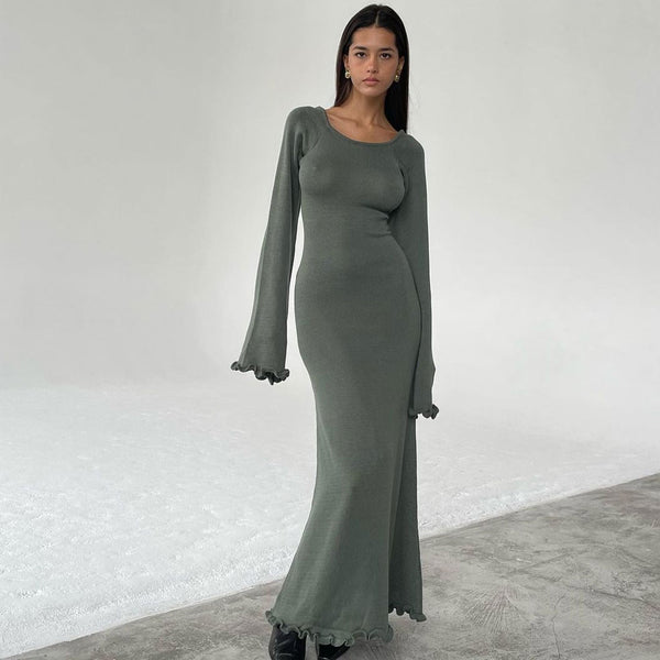 Romantic Scoop Neck Tie Back Long Sleeve Ruffle Sweater Maxi Dress