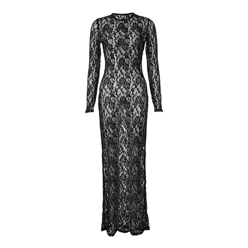 Sexy Crew Neck Long Sleeve Sheer Floral Lace Evening Maxi Dress