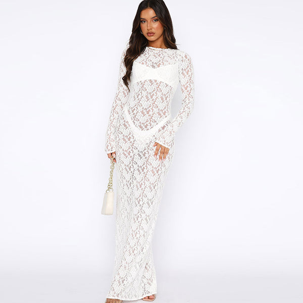 Sexy Crew Neck Long Sleeve Sheer Floral Lace Evening Maxi Dress