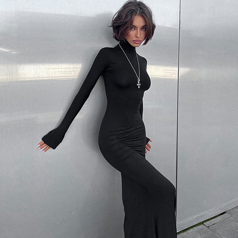 Sexy High Neck Solid Color Long Sleeve Fishtail Jersey Maxi Dress