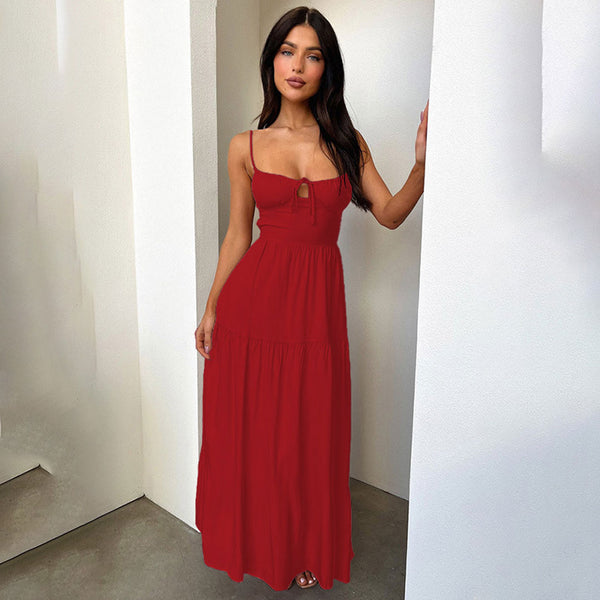 Sexy Ruched Bow Tie Lace Up Backless Tiered Slip Maxi Sundress