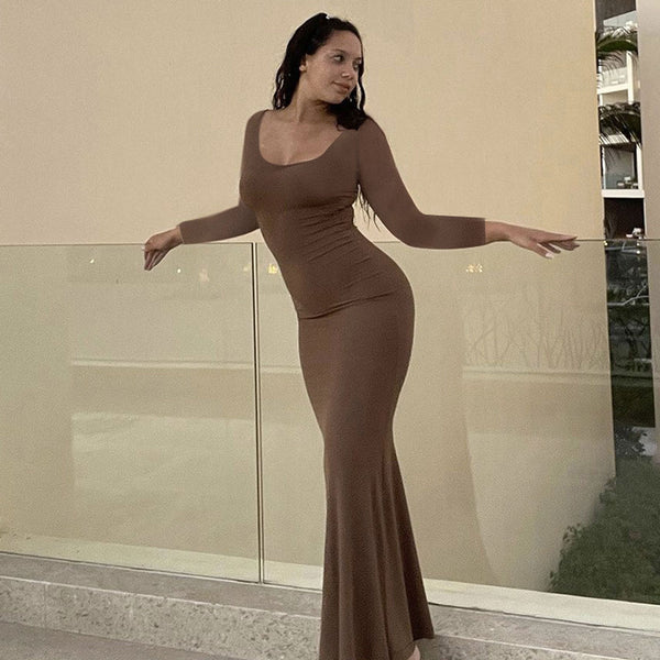 Sexy Scoop Neck Solid Color Long Sleeve Fishtail Jersey Maxi Dress